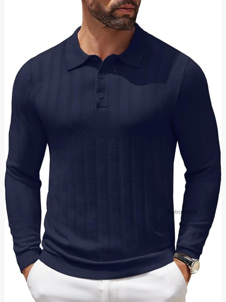 Men's Long Sleeve Knit Polo Shirt Casual Collared Sweater Pullover Button Down